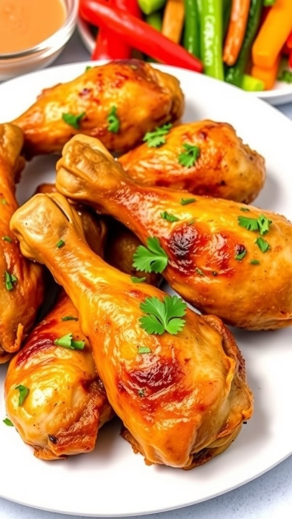 Crispy baked chicken drumsticks on a plate, garnished with parsley, with dipping sauce and vegetables.